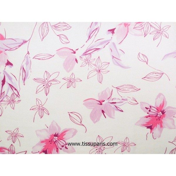 Viscose lin fleurs blanc-rose vif 140cm 501910-2