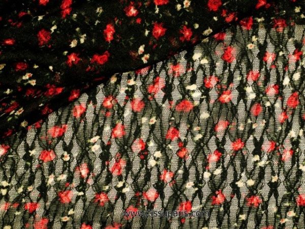 Dentelle avec des fleurs noir-rouge 135cm 901803-2